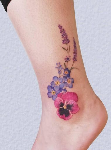 160 Amazing Lavender Tattoo Designs with Meanings, Ideas, and Celebrities | Body Art Guru Pansy Bouquet Tattoo, Pansy Flower Tattoo, Berry Tattoo, Pansy Tattoo, Lavender Tattoo, Ankle Tattoos For Women, Beautiful Flower Tattoos, Tattoos For Women Flowers, Tasteful Tattoos