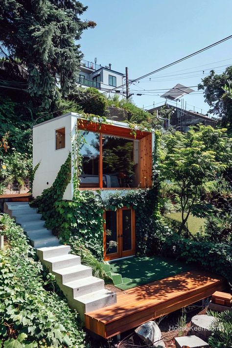 53 Tiny Home Concepts With Beautiful Ivy Tiny House With Garden, Small Architecture House, Architecture Tiny House, Tiny House With Vegetable Garden, Tiny Tree House For Plants, House Covered In Ivy, Tiny House Container, Tiny Homes Interior, Tiny Treehouse Plant