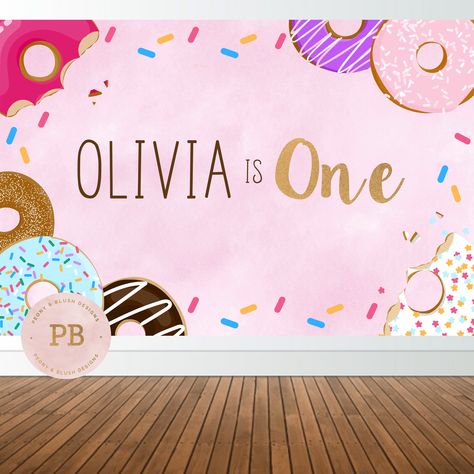 Digital Donut Themed Backdrop- Donut Birthday Backdrop, Donut Party, Donut Baby Shower Backdrop, Cake Table Backdrop by PeonyBlushDesigns on Etsy Donut Backdrop, Backdrop Cake Table, Table Decorations Party, Donut Theme Party, Cake Table Backdrop, Table Background, Birthday Donuts, Custom Stationary, Donut Birthday Parties