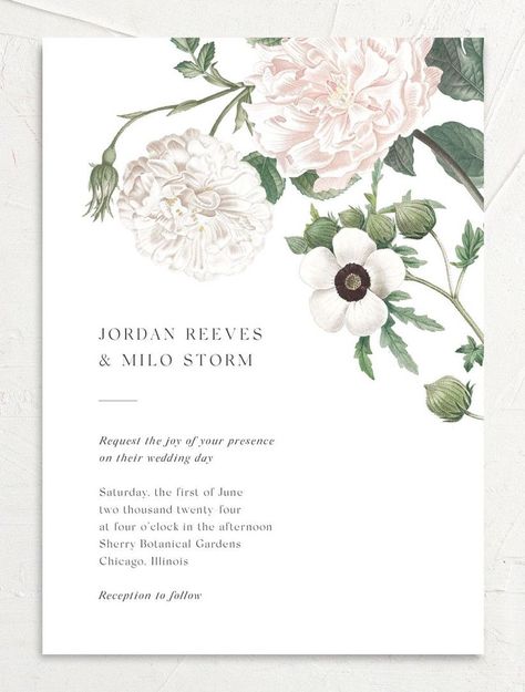 classic spring wedding invitation with anemone and peony botanical illustration Wedding Invitations White, Vintage Inspired Wedding Invitations, Peony Wedding Invitations, Peony Illustration, Classic Serif Fonts, Wedding Planner App, Charming Wedding, Spring Wedding Invitations, Classic Fonts