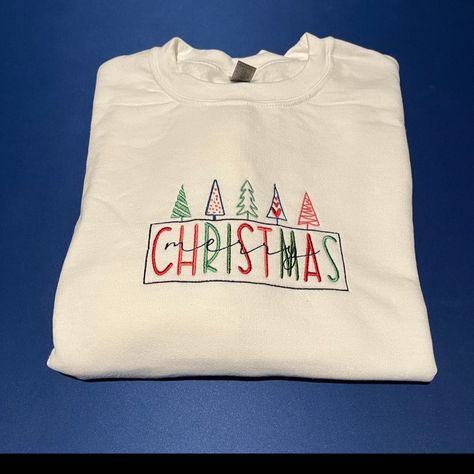 Merry Christmas Embroidered Unisex Sweatshirt. Gildan Heavy Blend. Available In White. Merry Christmas Embroidery, Merry Christmas Tree, Detailed Embroidery, Charming Christmas, Embroidery Sweatshirt, Shirt Embroidery, Holiday Wardrobe, Sweatshirt Christmas, Holiday Packaging