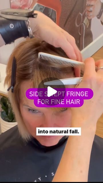 Sonna Jean Brado on Instagram: "What do you do if your client has fine hair, and a lot of it..and wants a full fringe? PIVOT!😂👍(I couldn’t resist)

But seriously, pivoting your sections helps develop weight because it moves the distribution of the hair from overdirected into natural fall.. all you have to do is allow the partings to dictate the movement and you will end up with a beautiful, full fringe🥰
@angelbladescissors 
.
.
.
#finehair #sidesweptbangs #sidesweptfringe #layeredbob #hairofinstagram #hairbrained_official" Fine Hair Fringe Bob, Fine Hair Haircuts With Bangs, Fringe For Fine Hair, Fine Hair Fringe, Bob With Fringe Fine Hair, Round Face Fringe, How To Cut Fringe, Bob With Side Fringe, Fringe Bob Haircut