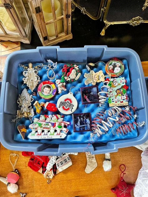 Holiday Decor Organization, Diy Ornament Storage, Christmas Ornament Storage Diy, Organized Christmas Decorations, Storing Ornaments, Christmas Decoration Storage, Christmas Ornament Storage, Faux Christmas Trees, Christmas Tree Storage