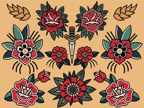 American Traditional Flowers by Evan Peter on Dribbble American Traditional Flowers, Traditional Mandala Tattoo, American Traditional Rose, Traditional Mandala, Traditional Flowers, Mandala Flower Tattoos, Traditional Tattoo Old School, Traditional Tattoo Flowers, Traditional Style Tattoo