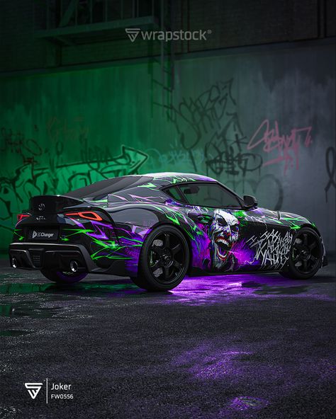 Funny or eerie? We’ll leave that up to you! 🃏✨  This Joker wrap design is an eye-catcher and gives your ride a unique makeover that will appeal to car wrapping enthusiasts.  Want to wrap your Toyota Supra mk5 or any other car with this universal vinyl livery design? 🚗💨  #wrapstock #designfirst #wrapforsale Wrap Ideas For Cars, Motorcycle Vinyl Wrap Ideas, Car Wrap Design Ideas Graphic Designers, Car Wrap Ideas, Cool Car Wraps, Wrapped Cars, Toyota Supra Mk5, Car Vinyl Graphics, Vehicle Wrap Design