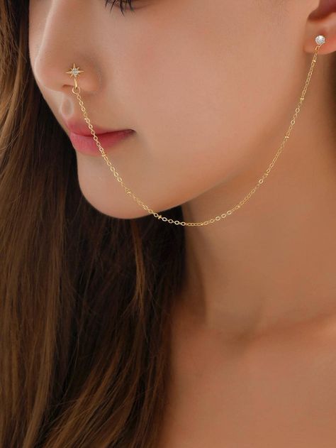 1pc Star Nose Stud Chain Stud Earring & Half Face Decor For Women, Perfect For Dating, Party And Daily WearI discovered amazing products on SHEIN.com, come check them out! Nose To Ear Chain Jewelry, Star Nose Stud, Face Decor, Ear Chain, Gold Wedding Jewelry, Half Face, Gold Collar, The Guardians, Nose Rings