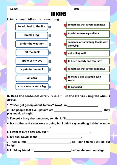 #idioms #worksheet #englishworksheet Idioms Worksheet, Idioms Activities, Word Puzzles For Kids, Speaking Activities English, English Literature Notes, Punctuation Worksheets, English For Beginners, Idioms And Phrases, Speaking Activities