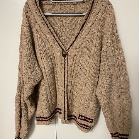 Taylor Swift Tan Cardigan Taylor Swift Cardigan, Evermore Era, Folklore Evermore, Tan Cardigan, Brown Cardigan, Cardigan Outfits, Thrift Store Finds, Plaid Shirt, Thrift Store