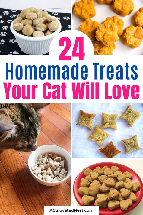 24 Homemade Cat Treats Your Cat Will Love- If you want to give your cat a delicious and healthy treat on a budget, you need to make some of these tasty homemade cat treats! | #homemadeCatTreats #catRecipes #homemadePetTreats #petRecipes #ACultivatedNest Cat Treats Homemade Easy, Diy Cat Treats Recipes, Organic Cat Treats, Homemade Cat Treats, Homemade Cat Treats Recipes, Diy Cat Treats, Tuna Cat Treats, Kitty Treats, Kitty Care