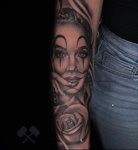 Girl face tattoo with rose sleeve Face Tattoo On Arm, Smiling Tattoo, Women Sleeve Tattoo, Tattoo On Arm, Tattoo On Forearm, Girl Face Tattoo, Sleeve Tattoos For Women, Face Tattoo, Instagram Girls