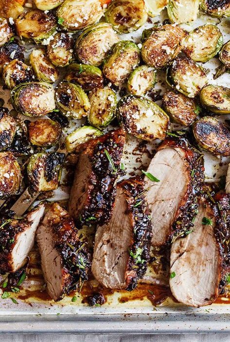 Baked Brussels Sprout Recipes: 11 Easy Brussel Sprout Recipes Baked in the Oven — Eatwell101 Thanksgiving Dinner Recipes Traditional, Pork Tenderloin Oven, Balsamic Pork Tenderloins, Balsamic Sauce, Traditional Thanksgiving Dinner, Sticky Pork, Fall Veggies, Balsamic Pork, Sheet Pan Dinners Recipes