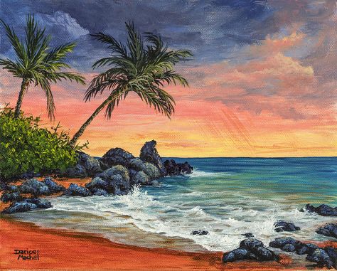 Makena Beach Sunset Painting Beach Sunset Painting, Painting On Canvas For Beginners, Canvas For Beginners, Small Canvas Paintings, Soyut Sanat Tabloları, Beach Watercolor, Acrylic Painting For Beginners, Nature Art Painting, Ocean Painting