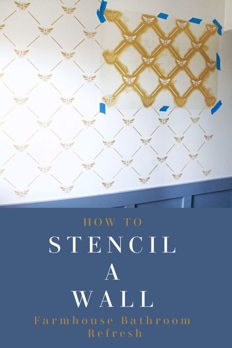 Tips for using a stencil on a slightly textured wall using metallic paint. Also how to stencil a wall corner. My tips and tricks from our farmhouse bathroom refresh! #stenciling #bathroomrefresh #farmhousebathroom Stencil In Bathroom Wall, Small Bathroom Stencil Wall, How To Stencil A Wall, Bathroom Stencil Ideas, Accent Wall Stencil Ideas, Stenciled Walls Ideas, Stencil Accent Wall, Stencil Walls, Farmhouse Dining Room Design