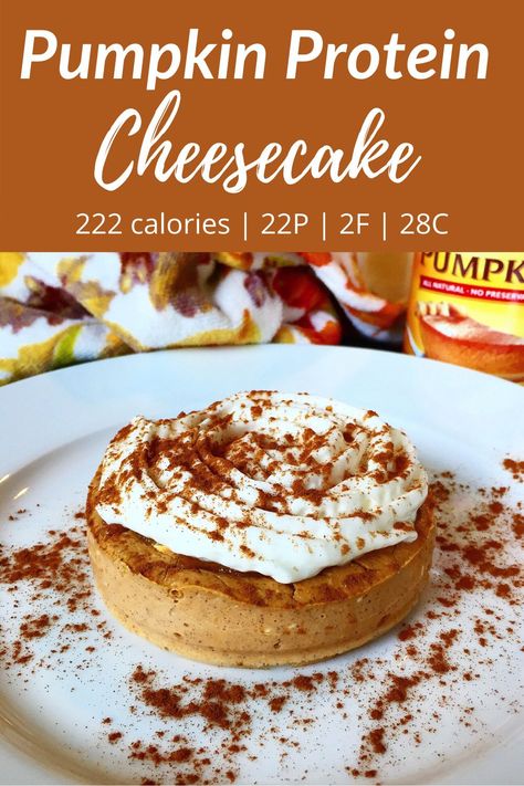 This single serving pumpkin cheesecake is low fat & easy to make. It has over 20 grams of protein & is macro friendly. Low Calorie Pumpkin Cheesecake, Healthy Pumpkin Cheesecake, Low Calorie Pumpkin, High Protein Cheesecake, Protein Dessert Recipes, 20 Grams Of Protein, Protein Dessert, Low Fat Desserts, Protein Cheesecake