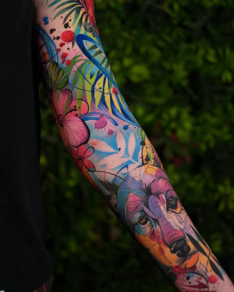 It’s a tattoo sleeve I did in watercolor style for my customer Eric in Toronto. I love this, the most colorful project I ever did. We started with a wolf on the forearm and in a few months, it turned out to be a full sleeve with a lot of flowers, brush strokes, and color splashes. 🌺🌺🌺 It’s not enough to post only one photo of it. So, keep in touch, I’ll post all sides of this amazing tattoo🥰 Tattoo Sleeve Flowers Color, Watercolor Background Tattoo, Colorful Tattoo Sleeve, Watercolor Sleeve Tattoo, Watercolor Sleeve, Tatto Sleeve, Watercolor Tattoo Sleeve, Colorful Sleeve Tattoos, A Lot Of Flowers