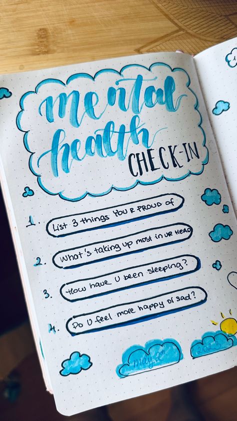 mental health check in questions on bullet journal Self Care Journal Cover Page, Mental Health Notebook Ideas, Journal Page Prompts, Mental Health Journaling Prompts Ideas, Bullet Journal Ideas Mental Health, Mental Health Bullet Journal Ideas, Journaling Ideas For Mental Health, Bullet Journal Health Tracker, Journal Ideas Mental Health