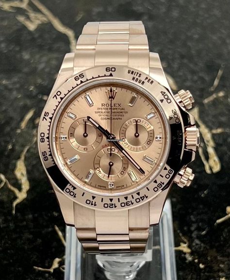 Rolex Daytona Listing: $63,073 Rolex Daytona - Sunduset Baguette - 116505-0017 - Rose Gold, Reference number 116505; Rose gold; Automatic; Condition Very good; Year 2021; Watch with origi Rose Gold Daytona, Rolex Daytona Gold, Best Seller Product, Gold Reference, Top Watches For Men, Daytona Watch, Stylish Watches Men, Gold Rolex, Amazing Watches