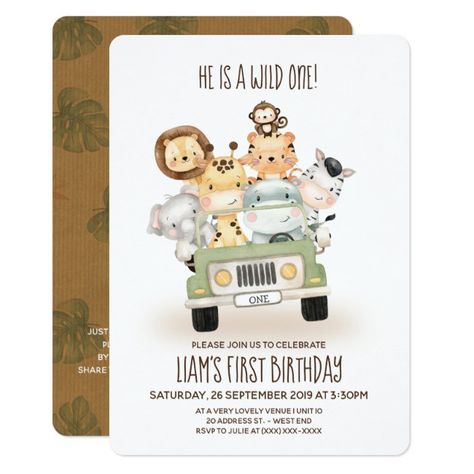 Wild One Cute Safari Animals First Birthday Invitation Animals, #Birthday, #Invitation, #Safari, #Shop One Birthday Invitations, Safari Truck, Cardboard Texture, Cute Safari Animals, Wild Birthday Party, Wild One Birthday Invitations, Rustic Baby Shower Invitations, Jungle Theme Birthday, Modern Baby Shower Invitations