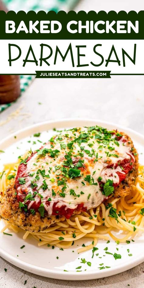 Here's a quick and easy meal for tonight! This Baked Chicken Parmesan recipe features juicy chicken breasts breaded in a crispy panko coating topped with marinara sauce and melted Mozzarella cheese. Serve this tender chicken for a busy weeknight dinner paired with a side of steamed vegetables! Chicken Parmesan Recipe Panko, Easy Oven Baked Chicken Parmesan, Chick Parmesan Recipes, Crispy Baked Chicken Breast Recipes, Oven Baked Chicken Parmesan Recipe Easy, Panko Chicken Parmesan, Chicken Parmesan Recipe Easy Baked, Easy Parmesan Chicken, Easy Baked Chicken Parmesan