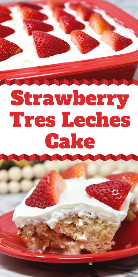 Strawberry Tres Leches Cake is an easy version of a tres leches cake. This simple recipe uses a cake mix as a shortcut but we're making homemade strawberry-flavored milk for maximum strawberry flavor. You are going to love this moist and flavorful three milk cake. Strawberry And Cream Tres Leches Cake, Strawberries And Cream Tres Leches Cake, Strawberry Tres Leches Cake Recipe Easy, Box Tres Leches Cake, Tres Leches Cake Recipe With Box Cake Strawberry, Tres Leches Cake With Strawberries, Strawberry Tres Leches Cake Easy, Strawberry Tree Leches Cake, Strawberry Tres Leches Cake Recipe With Box Cake