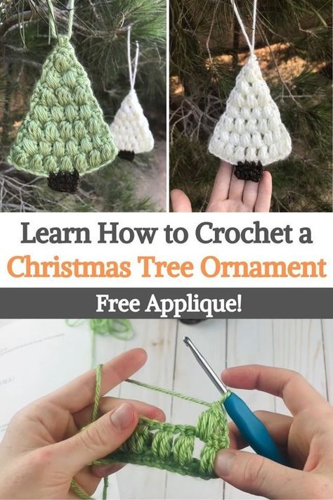 Beginner Crochet Ornaments, Christmas Tree Crochet Decorations, Crochet Christmas Tree Ornaments Free Pattern, Small Crochet Christmas Tree, Crochet Tree Garland Free Pattern, Simple Crochet Ornaments, How To Crochet A Christmas Tree, Crocheted Christmas Tree Ornaments, Free Crochet Christmas Tree Patterns