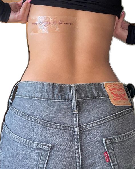 Cool Hip Tattoos For Women, Back Tattoo Women Horizontal, Lower Right Back Tattoos, Back Tattoo Women Writing, Cute Thigh Tattoos, Small Girly Tattoos, Hip Tattoos Women, Writing Tattoos, Petite Tattoos