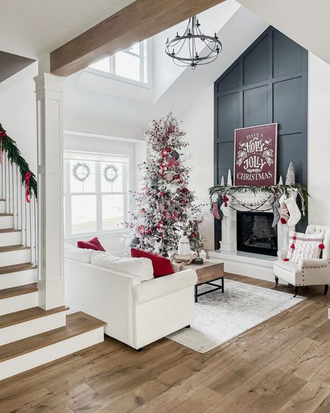 Brooke - DIY & Home Decor (@brooke_startathome) • Instagram photos and videos Batten Fireplace Wall, Board And Batten Fireplace Wall, Board And Batten Fireplace, Living Room Decor Christmas, Traditional Fireplace Mantel, Christmas Living Room Ideas, Soft Blue Walls, Fireplace Accent Walls, Christmas Living Room Decor