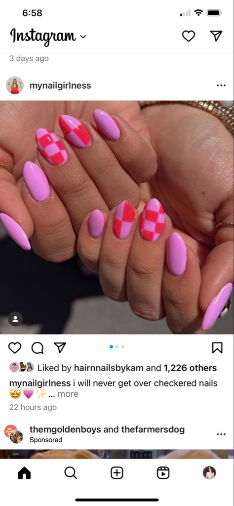 Valentine’s Day Nails Checkered, Pink And Purple Checkered Nails, Coffin Checkered Nails, Red And Lilac Nails, Lilac Checkered Nails, Checkered Square Nails, Lavender Checkered Nails, Checkered Pink Nails, Red And Pink Checkered Nails