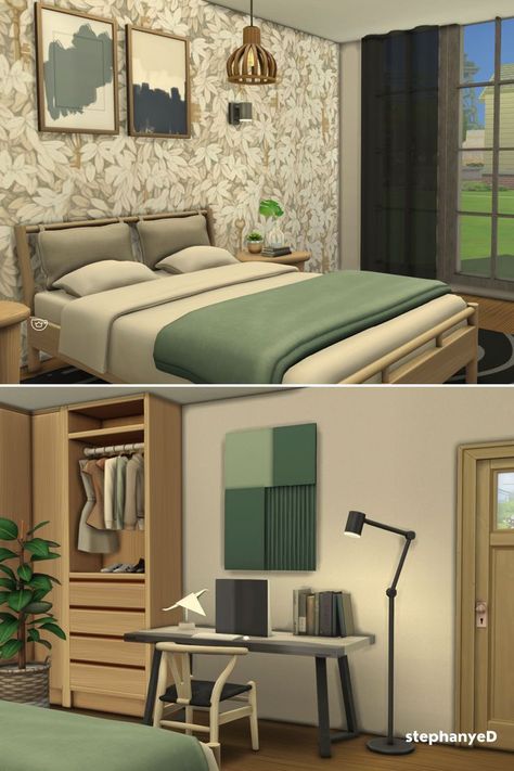 Green-themed The Sims 4 CC bedroom with wooden furniture for couple Sims. Sims 4 Bedrooms Ideas, Ts4cc Furniture Bedroom, Sims 4 Bedroom Cc Pack, Sims 4 Master Bedrooms Cc, Sims 4 Green Bedroom, Sims 4 Couple Bedroom, Sims Parents Bedroom, Sims 4 Cc Parents Bedroom, Sims 4 Sage Green Cc