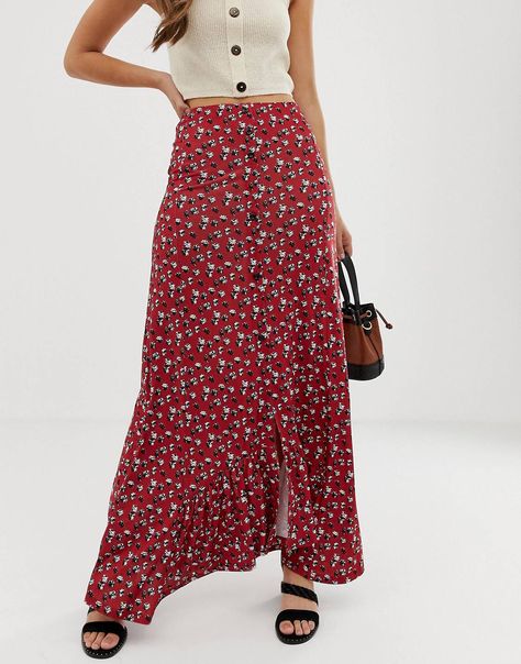 ASOS Design red floral button front maxi skirt Red Floral Skirt Outfit, Red Floral Print Maxi Skirt For The Beach, Fitted Red Maxi Skirt With Floral Print, Red Floral Print Flared Maxi Skirt, Long Summer Skirts, Red Bohemian Skirt With Floral Print, Floral Maxi Skirt Outfit, Floral Skirt Outfit, Black Skirt Outfit Summer