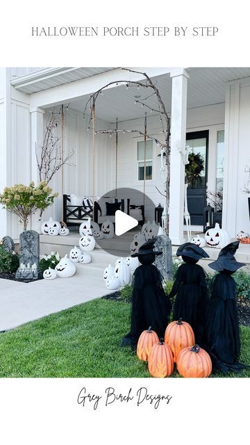 Kathryn Chiampi on Instagram: "Here’s a step by step tutorial on how we put together our Halloween front porch!

•We took a walk in the mountains to find large broken branches, which turned into a really fun afternoon with the kids!

• Weaved flickering flame string lights through the branches to create a spooky tree arch. These lights are so cool, they look like flames when plugged in!

•Added my 7ft tall skeleton to one side and swapped out my topiaries for the coolest pre-lit Halloween trees that light up my whole porch in an orange glow at night!

•Lastly we put the set of 3 witches holding hands around the flame pumpkins on our lawn and animated grave stones on the flower beds for the finishing touches!

This was so fun to put together!!

#pumpkinarch #halloweendiy #fallfrontporchdeco 3 Witches Holding Hands, Tree Arch, Porch Trees, Tree Branch Decor, Spooky Tree, Spooky Trees, Halloween Porch Decorations, Halloween Front Porch, Fall Front Porch Decor