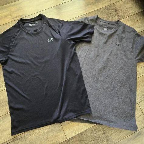 UNDER ARMOUR black AND grey  CHAMPION tshirts, medium Champion Tshirts, Under Armour, Black And Grey, Mens Tshirts, Grey, Jewelry Watches, Plus Fashion, Outfit Inspo, Jeans Shoes