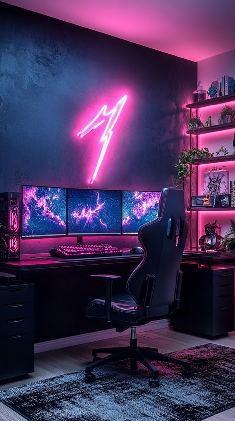 Stunning Gaming Room Ideas for Girls – Feminine, Functional, and Fabulous - Remodr Pink Goth Gaming Setup, Girl Gaming Room Ideas, Bedroom With Gaming Setup, Dark Gaming Room, Moody Game Room, Gamer Room Aesthetic, Girls Gaming Room, Gamer Setup Aesthetic, Black Gaming Setup