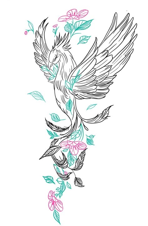 Floral Phoenix Tattoo Design, Phenix Tattoo For Women Thigh, Phoenix With Flowers Tattoo Design, Large Phoenix Tattoo Feminine, Phoenix Back Tattoos For Women, Flower Phoenix Tattoo, Phoenix Tattoo Flowers, Spiritual Flowers Tattoo, Feminine Pheonix Tattoo Design