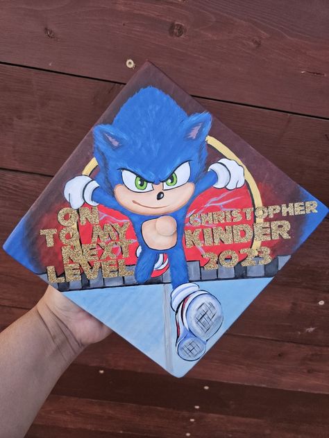 My Son's Kindergarten Grad Cap | Sonic the Hedgehog | Hand painted | Customade | Kool-Kid 😎 Kid Graduation Cap Ideas, Kinder Cap Decoration Boy, Kinder Grad Cap Ideas, Kindergarten Grad Cap Ideas, Sonic Graduation Cap, Kindergarten Graduation Cap Ideas, Kindergarten Cap Decoration Ideas, Pre K Graduation Cap Ideas, Preschool Graduation Theme