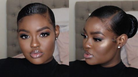 Sleek (Slicked) Back Bun & LAID Baby Hairs Tutorial [Video] - https://blackhairinformation.com/video-gallery/sleek-slicked-back-bun-laid-baby-hairs-tutorial-video/ Slick Updos For Medium Length Hair, Slick Bun Thick Hair, Black Slicked Back Hair, Slicked Bun With Front Pieces, Slick Back Bun Thick Hair, Slick Side Part Bun, Slick Back Bun With Two Strands, Slick Bun With Front Pieces Out, Slicked Back Bun