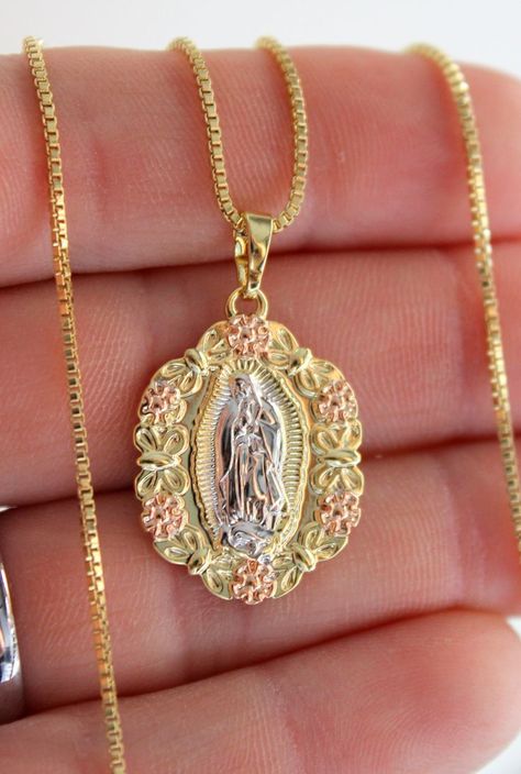 BEST SELLER Our Lady of Guadalupe Charm Necklace Gold Filled | Etsy | Gold charm necklace, Quinceanera jewelry, Jewelry fashion trends Quince Extras, Mexican Jewelry Gold, Quince Necklace, Catholic Jewelry Necklace, Quinceanera Necklace, 14kt Gold Jewelry, Quinceanera Jewelry, Mens Gemstone Rings, Mexican Jewelry