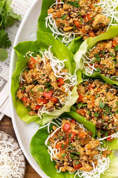 Tofu Lettuce Wraps (PF Chang's Copycat) • Vegan Everytime Tofu Lettuce Wraps Pf Changs, Healthy Vegetarian Dinner Ideas, Lettuce Wraps Pf Changs Recipe, Veggie Lettuce Wraps, Tofu And Veggies, Tofu Lettuce Wraps, Vegetarian Dinner Ideas, Crunchy Rice, Mapo Tofu Recipe