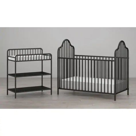 Little Seeds Rowan Valley Lanley Crib and Changing Table Set - Black | Hayneedle Crib And Changing Table, Kid Furniture, Metal Crib, Baby Nurseries, Farmhouse Nursery, Best Crib, Baby Gadgets, Furniture Ads, Adjustable Mattress