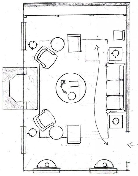 One Living Room Layout - Seven Different Ways! | Laurel Home - One of my favorite, classic living room layouts. There's a clear path to walk through the room and a great conversational grouping around the fireplace focal point. Arranging Bedroom Furniture, Living Room Floor Plans, Cheap Living Room Furniture, Living Room Layout, Room Layouts, Living Room Furniture Layout, First Apartment Decorating, Living Room Furniture Arrangement, Office Office