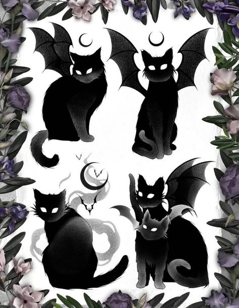 Black Cat Art Halloween, Black Cat With Bat Wings Tattoo, Witches Cat Tattoo, Halloween Cat Tattoo Ideas, Witch And Cat Drawing, Black Cat Witch Tattoo, Spooky Cat Art, Vampire Cat Drawing, Dark Cat Drawing