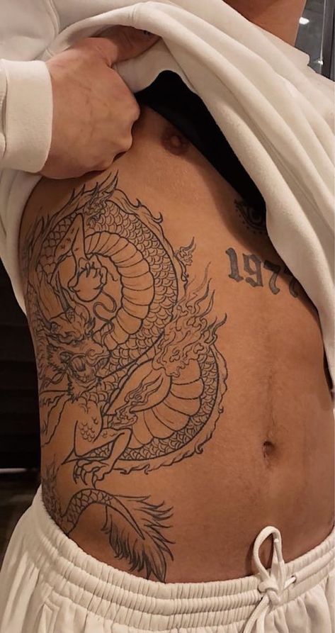 Dragon Mens Tattoo, Tattoo Ideas Stomach Men, Tummy Tattoo Men, Chest To Shoulder Tattoo Men, Men Rib Tattoo Ideas, Ribcage Tattoo Men, Dragon Rib Tattoo, Mens Rib Tattoo, Rib Tattoo Men