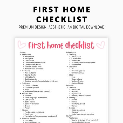 Move with Confidence: Your Ultimate First Apartment Checklist Are you stepping into your first home or apartment? Make the transition seamless and stress-free with our comprehensive First Apartment Checklist! This printable checklist is your go-to guide for ensuring you have everything you need to turn your new space into a cozy, functional home. Key Features: All-Inclusive List: Covers every room in your new home - kitchen, living room, bedroom, bathroom, laundry, and more. Organized by Categor Checklist For New Apartment, Move In List First House, First Time Home Owner Checklist, What To Buy For First Apartment, Items You Need For A New Home, New Home Needs, Moving Out For The First Time Checklist, First Time Home Owner Essentials, Apartment Needs Checklist