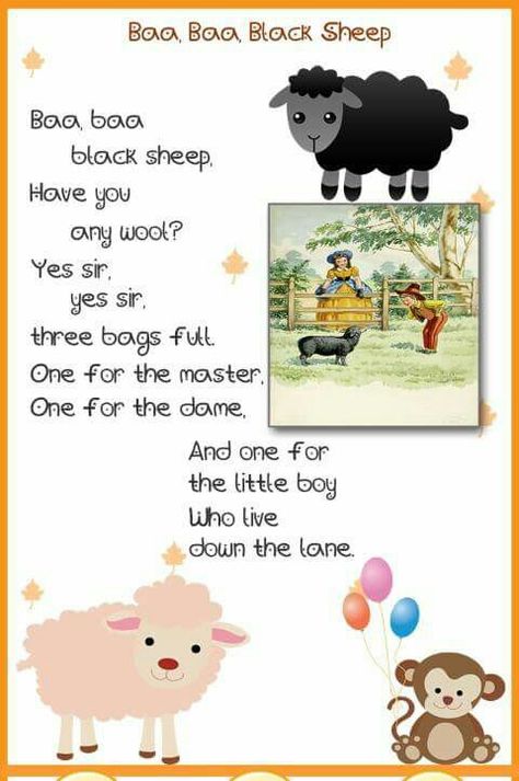 Baa baa black sheep Rhyming Poems For Kids, Nursery Rhymes Poems, English Poems For Kids, Rhymes Lyrics, Nursery Rhymes Lyrics, Hungry Caterpillar Activities, Kindergarten Songs, Nursery Songs, Baa Baa Black Sheep