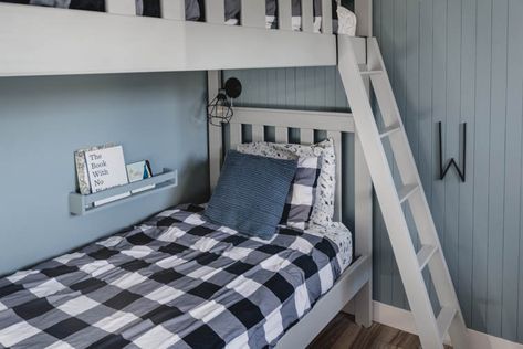 Bunk Bed Wall Shelf, Bunk Bed Reading Light, Bunk Bed Night Stand Ideas, Bunk Bed Lighting Ideas, Boys Room With Bunk Beds, Bunk Bed Lights, Shared Boys Bedroom, Blue Boys Room, Mounted Bookshelves