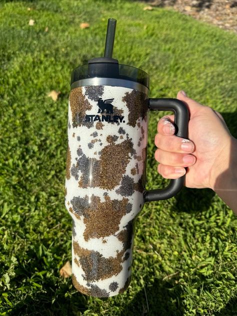 Custom Cow Hide Authentic Stanley Tumbler Epoxy Glitter Cow Print Tumbler 40 Oz 30 Oz - Etsy Western Tumbler Ideas, Western Cups, Homemade Body Wash Recipe, Cow Print Tumbler, Cowgirl Things, Body Wash Recipe, Cow Prints, 40 Oz Tumbler With Handle, Western Rooms