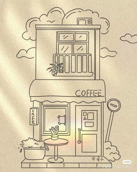 Cafe Drawing Easy, Easy Building Drawings, Building Sketches Simple, Cute House Drawing, House Drawings, Shop Sketch, Whimsical Art Journal, Pencil Sketch Images, Building Drawing