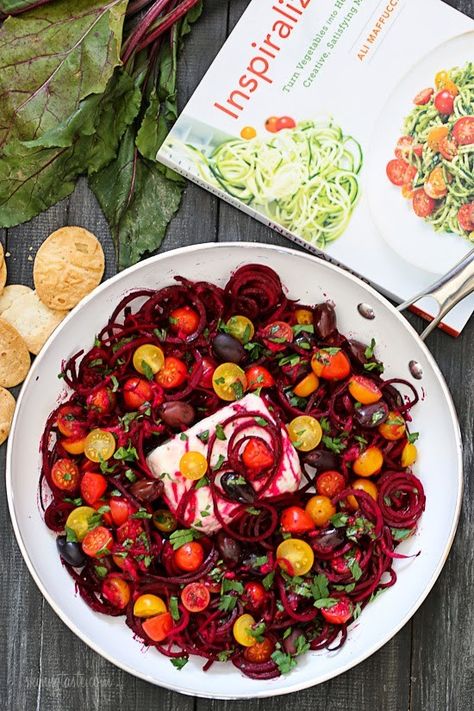 Spiralized Mediterranean Beet and Feta Skillet Bake | Skinnytaste Spiralized Beets, Beet Noodles, Bake Healthy, Beet Recipes, Spiralizer Recipes, Veggie Noodles, Beet Salad, Skinny Taste Recipes, Mediterranean Recipes