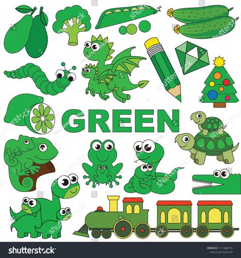 Green Objects For Kids, Green Day Decoration Ideas For Preschool, Green Day Activities For Kindergarten, Green Objects, Preschool Color Activities, Colors For Toddlers, Template Book, Kid Games, School Kids Crafts