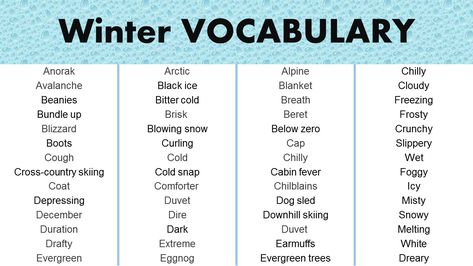 Vocabulary about winter: Winter is a time of year that has so much to offer. From the beauty of freshly snow-covered landscapes to the warmth of a hot fire, winter has something for everyone to enjoy. One of the best parts about winter is its special vocabulary used to talk about the season. Words like … Vocabulary about winter Read More » Winter Reads, Cold Cough, Winter Words, Downhill Skiing, Vocabulary List, Cabin Fever, Word List, Dog Sledding, Writing Tips